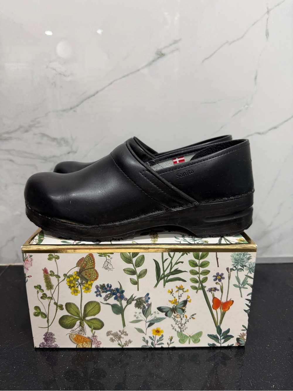 Sanita Black Slip-On Leather Work Clogs